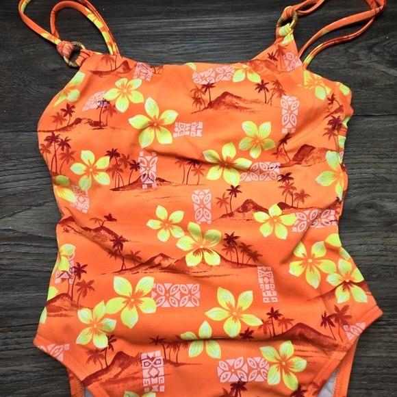 Vintage Ocean Avenue Tropical Hawaiian One Piece Swimsuit Orange Yellow Floral - Picture 3 of 7